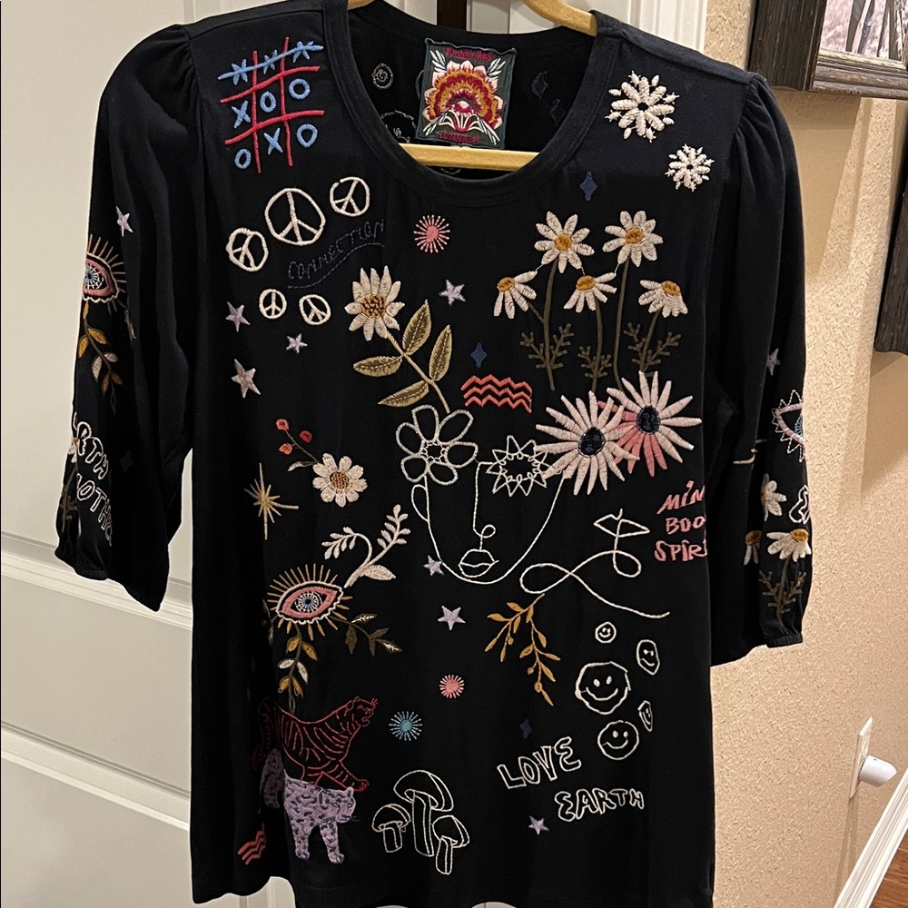 Johnny Was Embroidered Black Women's T-Shirt